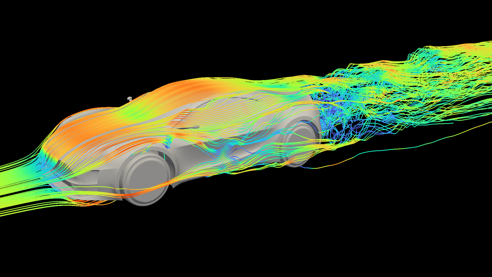 Full-vehicle velocity streamlines showing flow around the coupe and into the wake.